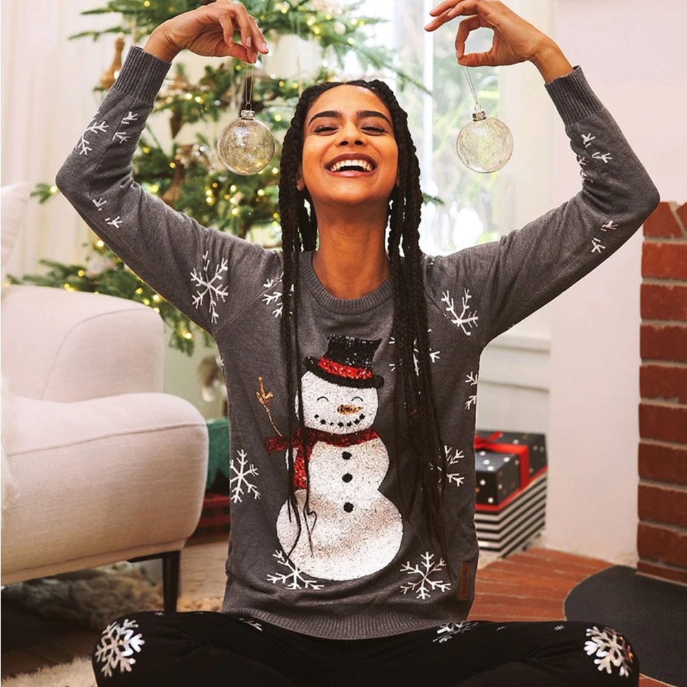 SEQUIN SNOWMAN SNOW DAY UGLY CHRISTMAS SWEATER Tipsy Elves